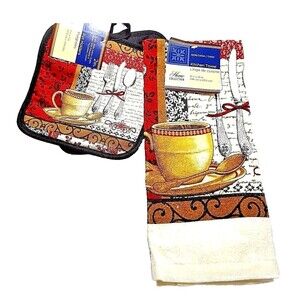 Coffee Cup Kitchen Towel Potholders 3-pc Brown Black Cotton Polyester Gift NEW